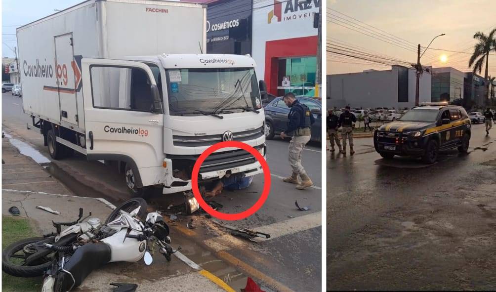 Fugindo de viatura da PRF, motociclista bate em outro e vai parar embaixo de caminhão no centro de Vilhena; Bombeiros resgatam os dois