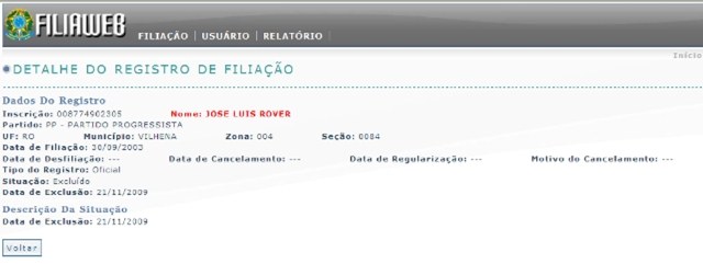 Site oficial do Tribunal Superior Eleitoral mostra Rover “excluído” do PP
