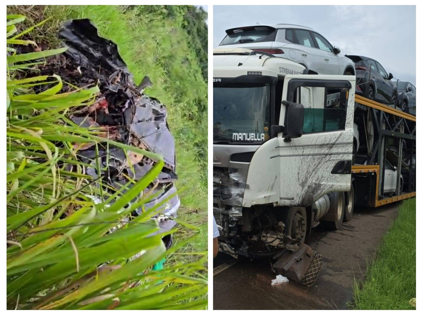 URGENTE: carro de passeio se choca com caminhão cegonha na BR-364; informações iniciais apontam pelo menos uma morte
