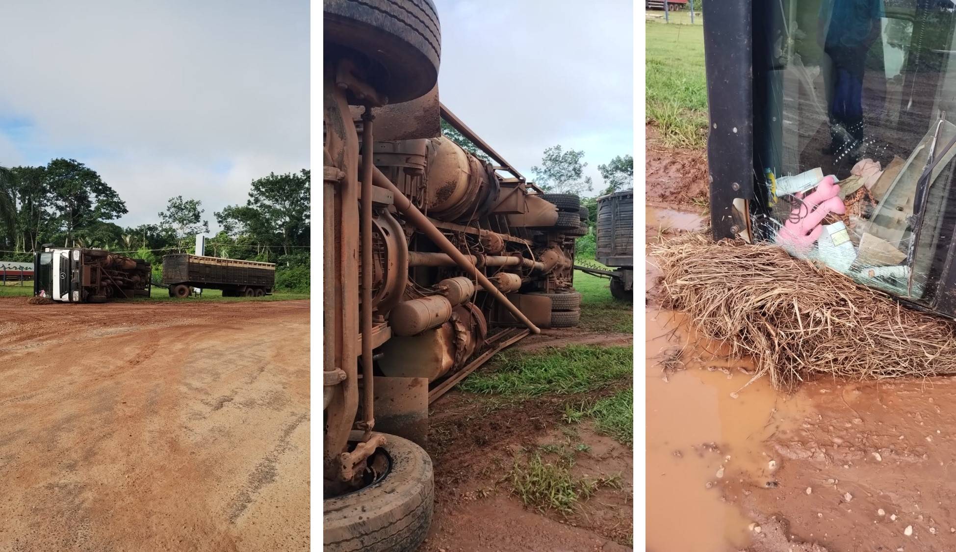 VÍDEO: caminhão boiadeiro tomba em frente a frigorífico em Chupinguaia; segundo informações não houve feridos graves