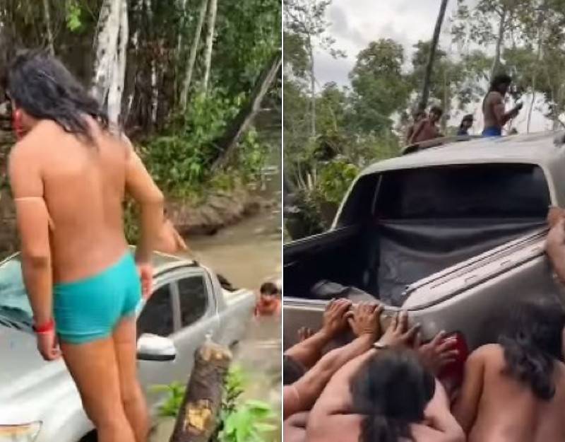 ASSISTA VÍDEO: indígenas que vivem nas proximidades de Vilhena usam “cabo de guerra” para retirar picape que caiu em rio de MT