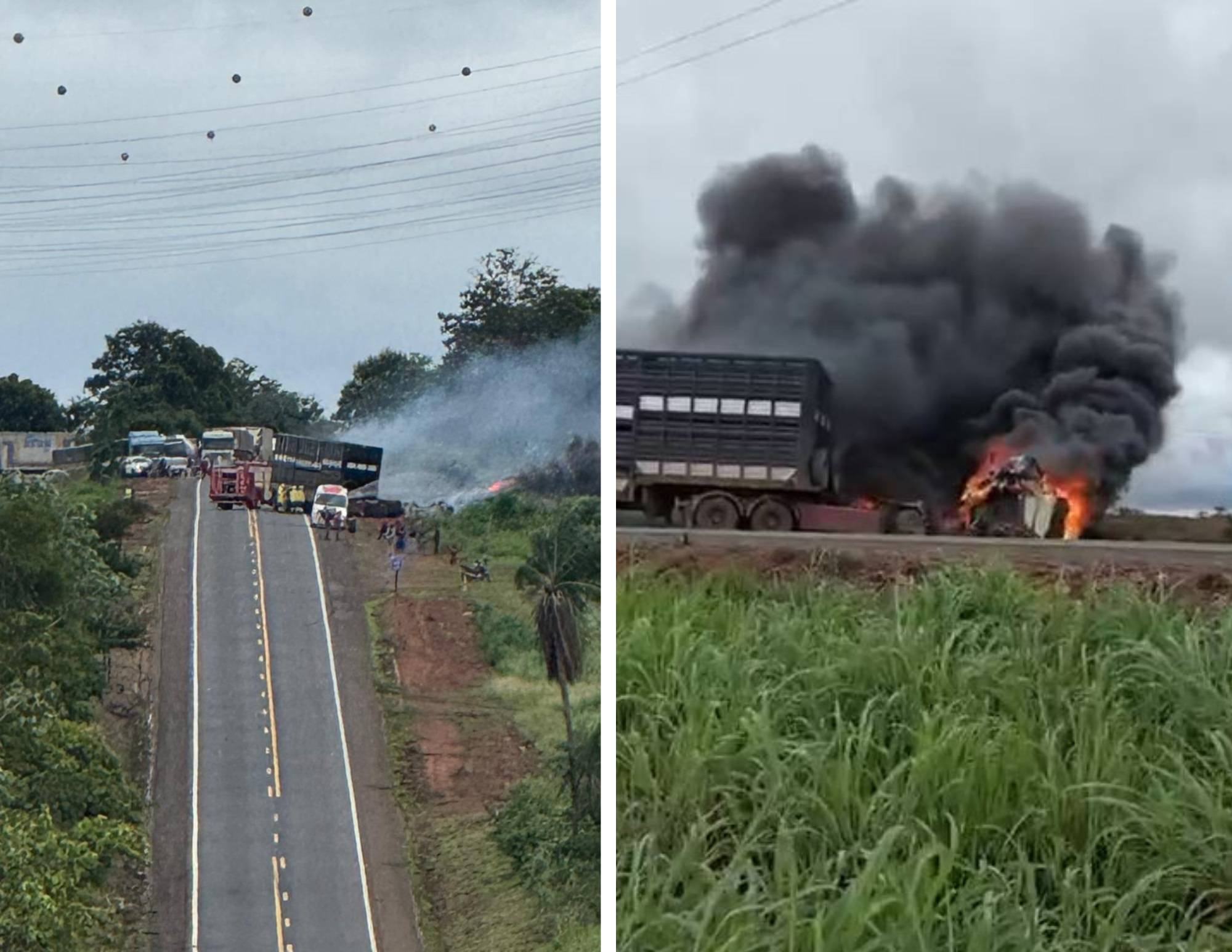 VÍDEO: acidente envolvendo caminhões causa incêndio e congestionamento na BR-364, entre o distrito do Guaporé e Pimenta Bueno