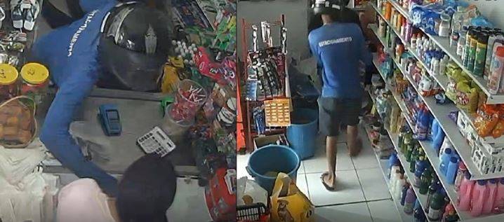 Um deles usando revólver, ladrões assaltam mercadinho em Vilhena e até clientes são roubados; cigarros e cervejas foram levados