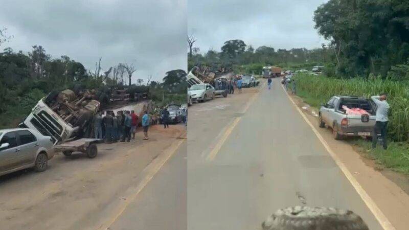 VÍDEO E FOTOS: caminhão de empresa vilhenense tomba em rodovia de MT e carga de carnes é saqueada por populares; imagens viralizam
