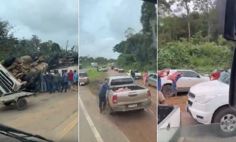 Polícia Civil está identificando pessoas que furtaram carga de carnes após caminhão de Vilhena tombar em rodovia de MT