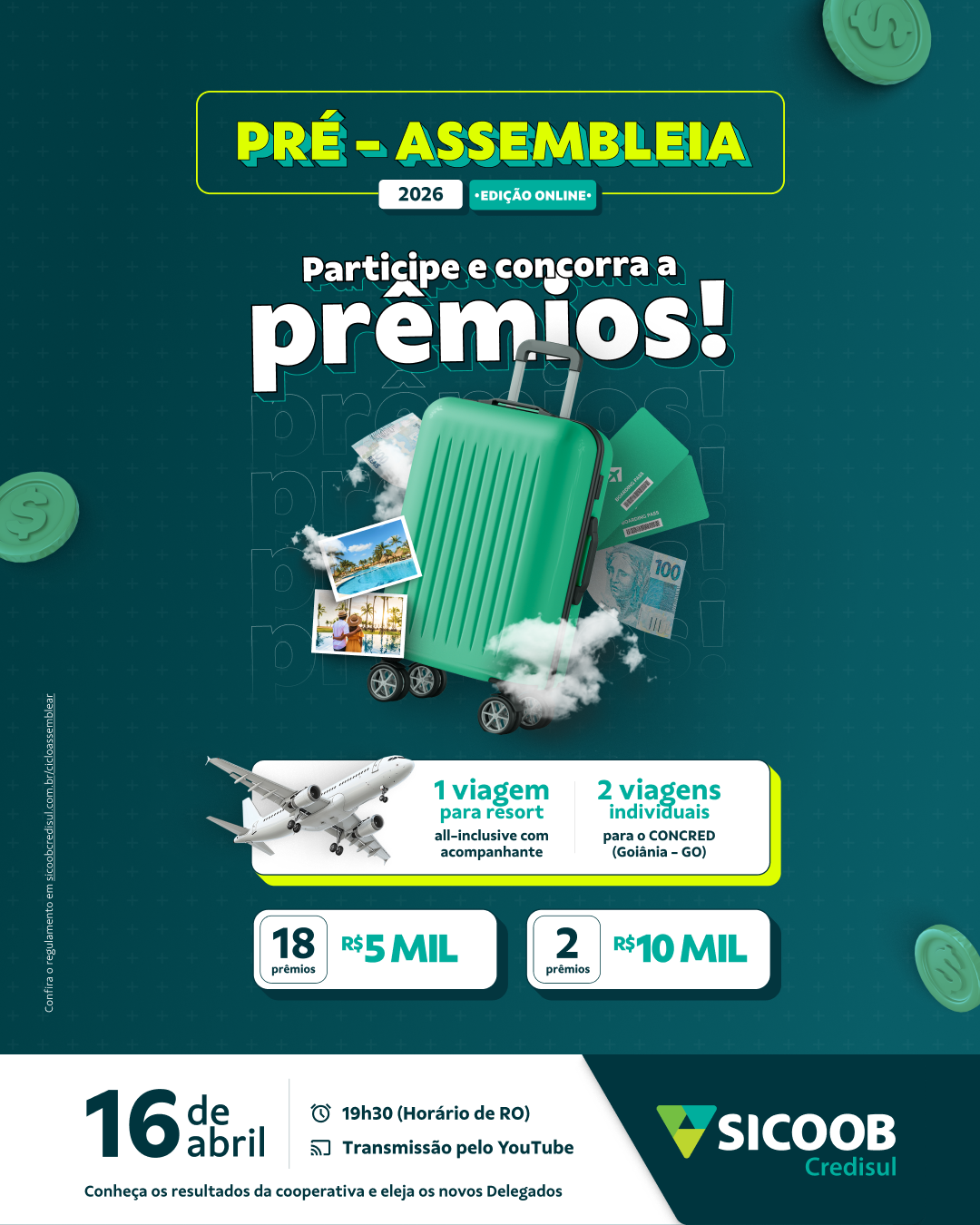 Pré-Assembleia 2026 da Sicoob Credisul será online no dia 16 de abril com sorteios de prêmios 