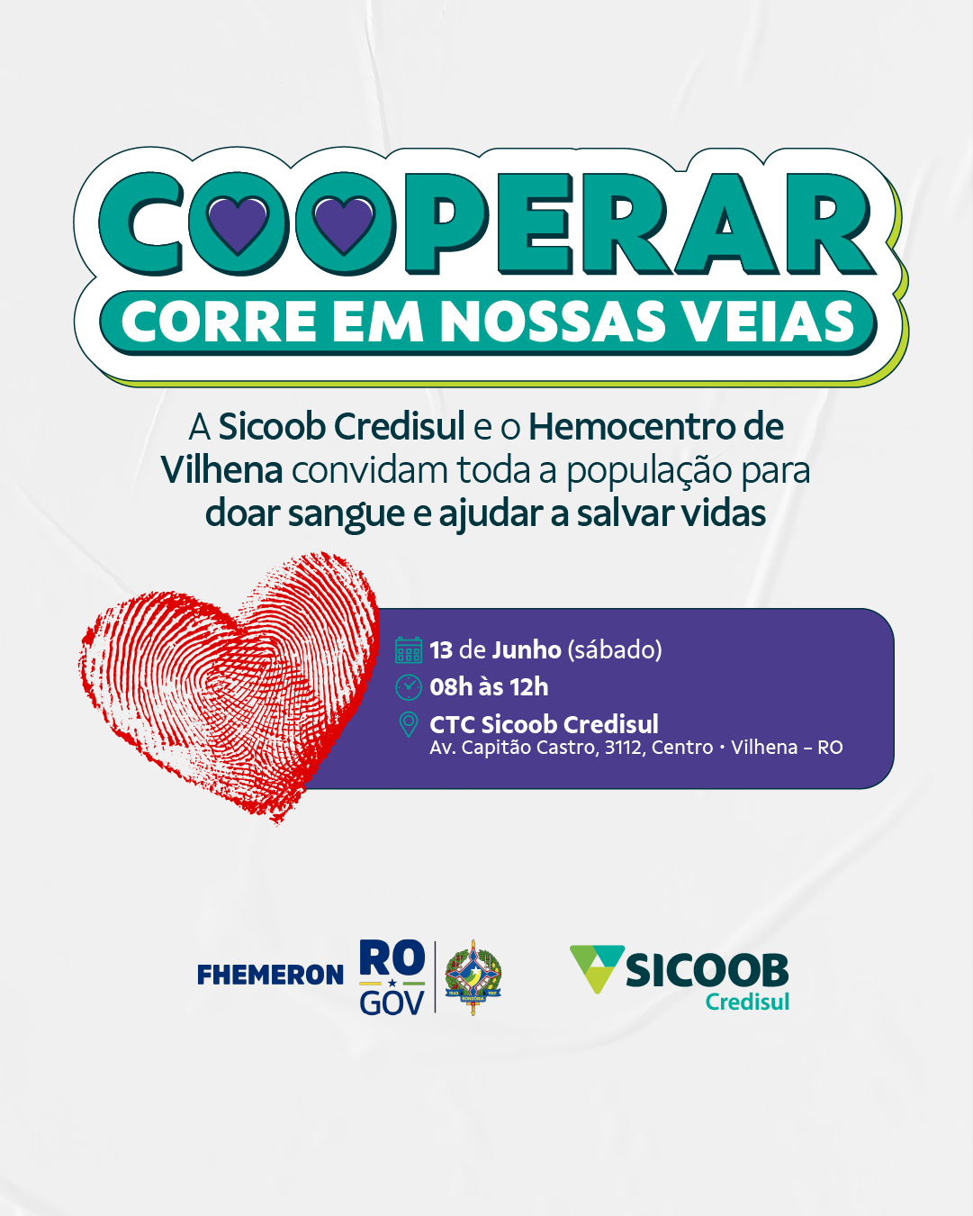 Neste sábado (13), Fhemeron realiza coleta de sangue no CTC Sicoob Credisul durante a campanha Cooperar Corre em Nossas Veias