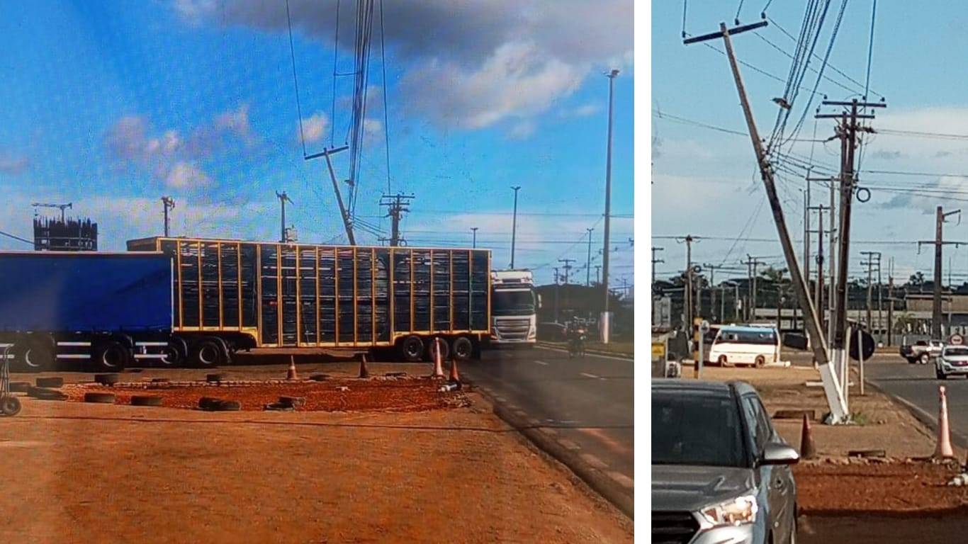 Caminhão boiadeiro “entorta” poste de energia às margens de rodovia, em Vilhena; motorista foge do local, mas retorna