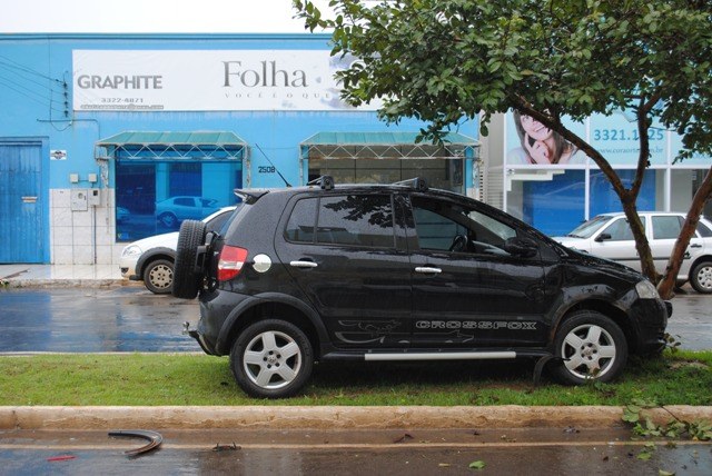 Após batida em picape, carro sobe em canteiro e atinge pé de goiaba
