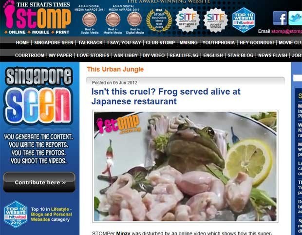 Restaurante cria polêmica ao servir prato que traz rã viva em Cingapura