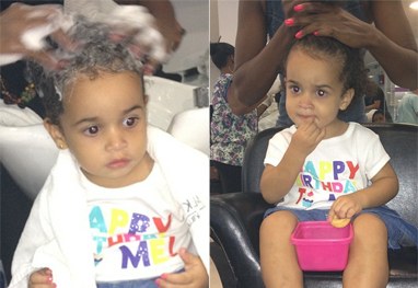 Filha de Scheila Carvalho completa 2 anos e faz unha e cabelo no salão
