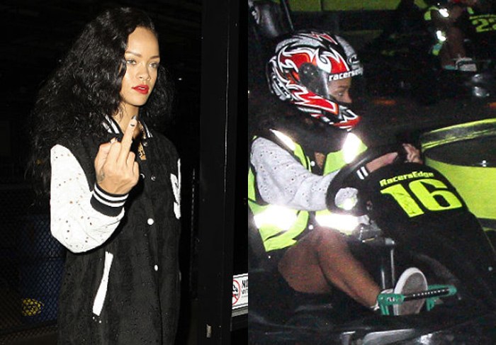 Que feio! Rihanna mostra o dedo do meio para as câmeras após corrida de kart